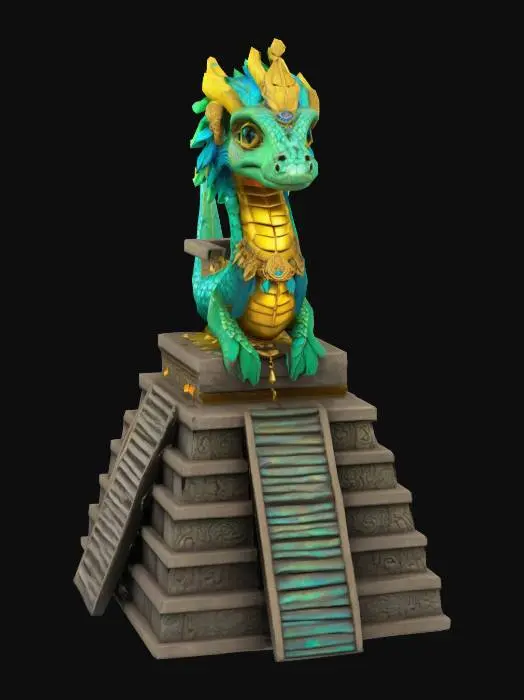 3D model for Mythological serpent with iridescent green and blue feathers, golden scales underneath,  ornate Mesoamerican jewelry on its neck, over mayan pyramid, semi-realistic chibi style, vibrant colors  #AroundTheWorld# #Mexico#