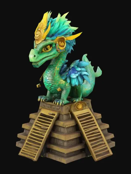 3D model for Mythological serpent with iridescent green and blue feathers, golden scales underneath,  ornate Mesoamerican jewelry on its neck, over mayan pyramid, semi-realistic chibi style, vibrant colors  #AroundTheWorld# #Mexico#