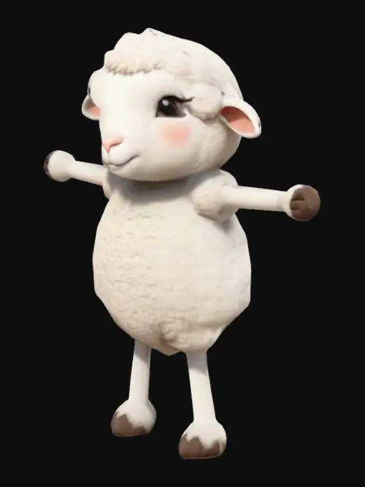 3D model for Cute lamb with long legs in t-pose cartoon character, Стилизованный, Пушистый, Нежный, Т-поза, Все тело
