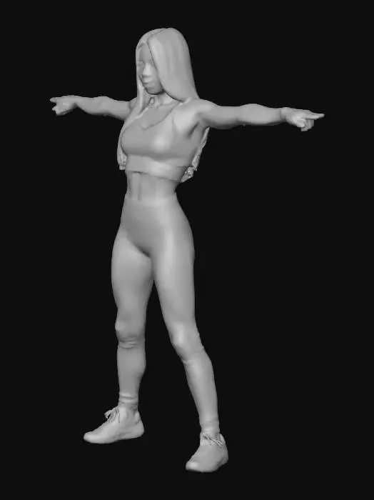3D model for a female kpop dancer in tight-fitting fashionable clothing standing in a t-pose