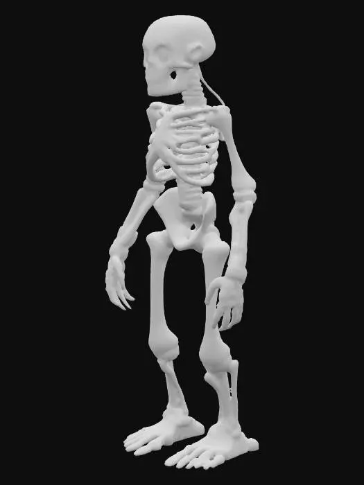 3D model for A stylized humanoid skeleton figure stands with a mechanical, segmented appearance. Its smooth, off-white bone-like plates form the skull, ribcage, and limbs, accented by vibrant, glowing orange conduits running throughout. Darker grey segments mark sturdy joints, and the hands feature separate, articulate fingers rather than fused forms. The skull has prominent, intensely glowing orange eyes and a wide, fixed grin, giving it a powerful, unsettling presence suitable for animation.