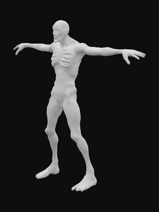 3D model for Terrifying humanoid monster in a T-pose, designed for a horror game jump scare — grotesque anatomy with elongated limbs, decaying flesh, exposed bone, sharp teeth, glowing eyes, unnatural posture, drenched in shadows and gore — hyperrealistic, cinematic lighting, horror atmosphere, dark background, game-ready model concept