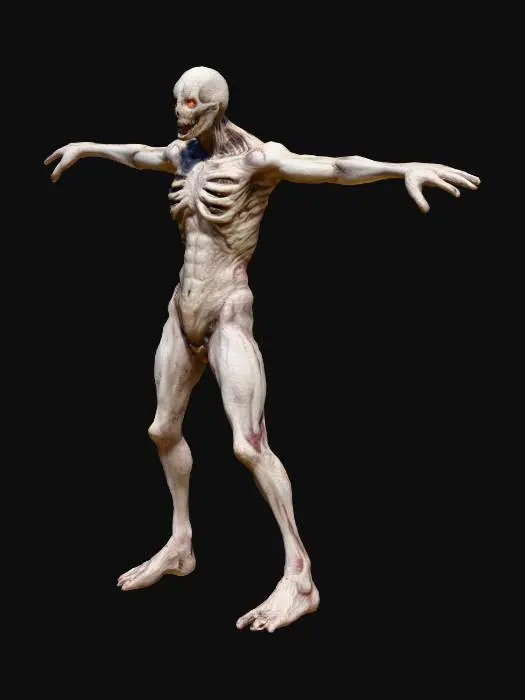 3D model for Terrifying humanoid monster in a T-pose, designed for a horror game jump scare — grotesque anatomy with elongated limbs, decaying flesh, exposed bone, sharp teeth, glowing eyes, unnatural posture, drenched in shadows and gore — hyperrealistic, cinematic lighting, horror atmosphere, dark background, game-ready model concept