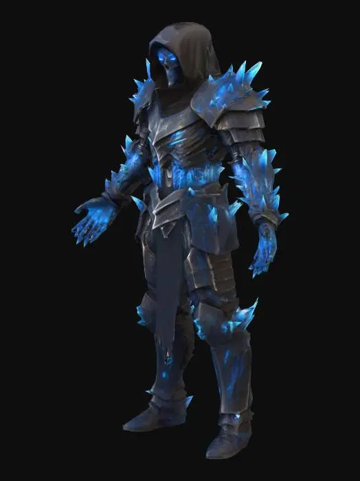 3D model for stylized realism, dark fantasy, plain background.  
Cryotic theme: glowing blue eyes, icy mist, frostbitten and cracked details, shards of crystal fused into the body.   
- Knight: lean armored undead skeleton in a T-pose, battered icy armor cracked with frost, faint blue glow leaking from joints and chest.  