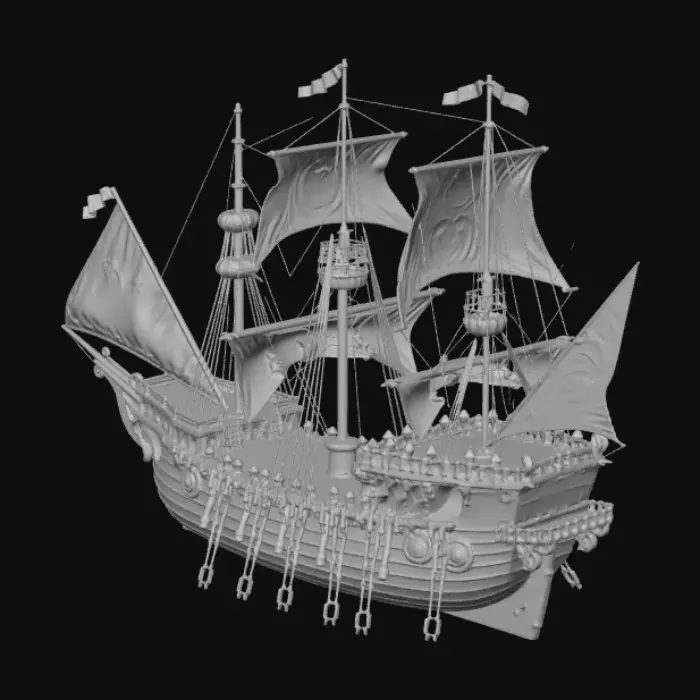 3D model for En az 35 yelkeni olan eski çağ bir yelkenli korsan gemisi oluştur. 
Geminin detayları gerçekçi olmalı.
Geminin yelkenleri açık ve yelkenlerin üzerinde beyaz hilal ve yıldız şekli olmalı. Yelkenin rengi siyah olmalı.
Geminin ön kosmı ileriye uzanan bir deniz kızının belden yukarısı görünecek gibi olmalı.
Geminin arkasında kendini koruyabilecek eski çağ gemi topları olmalı.
Geminin arkasının üst kısmının tam ortasından yukarı doğru uzayan bir balina kuyruğu olmalı.
Geminin yanında da gemi topları olmalı ve geminin sağında ve solunda en az yelkenleri direklerikadar büyük 2 şer kürek olmalı.
Geminin tamamı korsan gemisi olarak realist olmalı