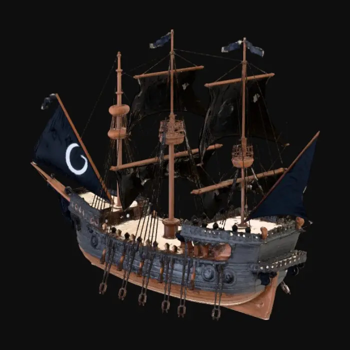 3D model for En az 35 yelkeni olan eski çağ bir yelkenli korsan gemisi oluştur. 
Geminin detayları gerçekçi olmalı.
Geminin yelkenleri açık ve yelkenlerin üzerinde beyaz hilal ve yıldız şekli olmalı. Yelkenin rengi siyah olmalı.
Geminin ön kosmı ileriye uzanan bir deniz kızının belden yukarısı görünecek gibi olmalı.
Geminin arkasında kendini koruyabilecek eski çağ gemi topları olmalı.
Geminin arkasının üst kısmının tam ortasından yukarı doğru uzayan bir balina kuyruğu olmalı.
Geminin yanında da gemi topları olmalı ve geminin sağında ve solunda en az yelkenleri direklerikadar büyük 2 şer kürek olmalı.
Geminin tamamı korsan gemisi olarak realist olmalı