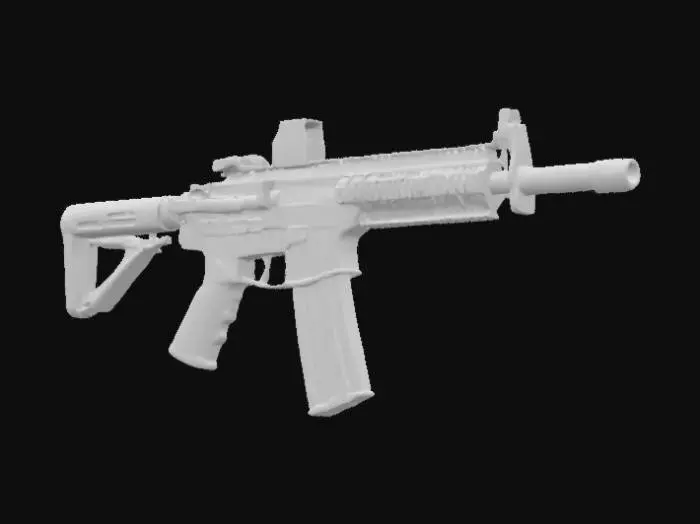 3D model for An M4 is a compact, military-style assault rifle with a matte black finish and a rugged, tactical appearance. It features a short barrel with a flash suppressor at the muzzle, a modular handguard with rail systems for attachments like grips, lights, or lasers, and a collapsible stock that adjusts for length. The upper receiver has a flat top rail, typically fitted with iron sights or an optical scope, while the lower receiver includes a pistol grip and magazine well that holds a curved 30-round magazine. Its design is sleek, functional, and built for versatility and close-quarters combat.
