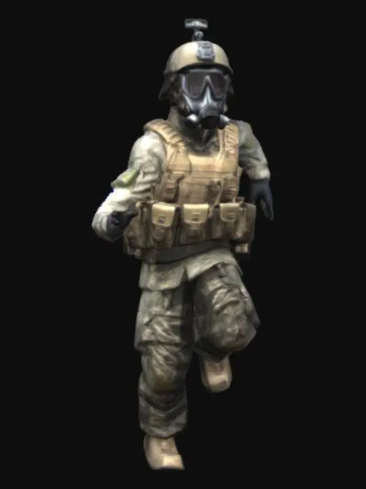 3D model for US Army Ranger, Molle chestrig, No gun, T pose, Backpack, Helmet, Night Vision Helmet Mount, Gas Mask, Uniform, Human Arms, Human Legs, Human Hands.