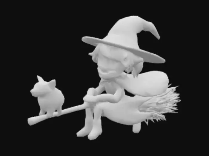 3D model for A charming 3D model of a small, pixel-art inspired witch, depicted mid-flight on a sturdy wooden broomstick. She wears a dark purple, conical hat and a matching cloak, with vibrant orange hair framing her simple facial features. Accompanying her is a fluffy, ethereal white creature, resembling a cloud-like dog with subtle light blue highlights and brown facial patches. The broom has a smooth, light brown handle and textured, straw-like bristles, suggesting a rustic yet magical feel.