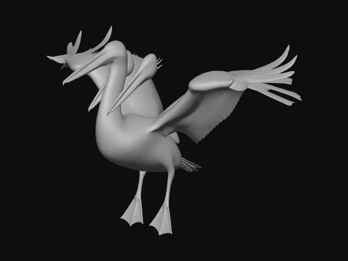 3D model for Pelican with white feathered body, big head with orange beak, blue eyes, large white wings with black trim,  stretched out ready to fly orange legs and feet