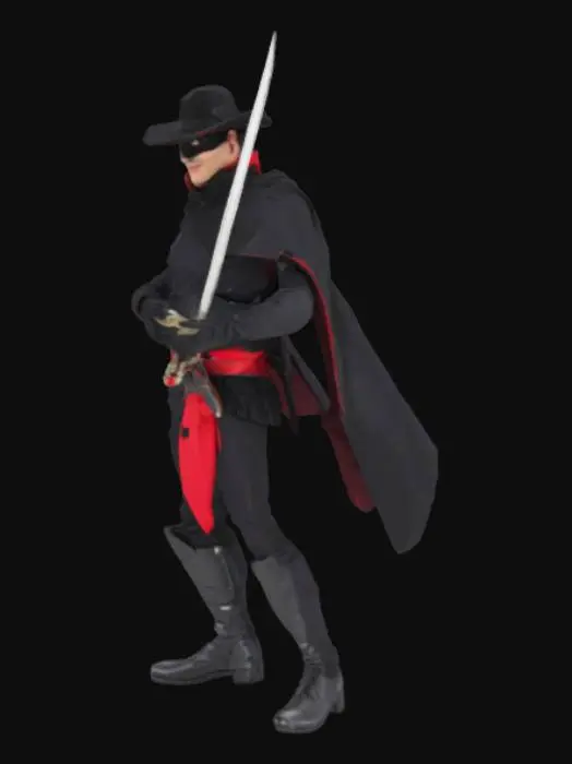3D model for Zorro, black hat, black eye mask, red cummerbund, black cape, sword

