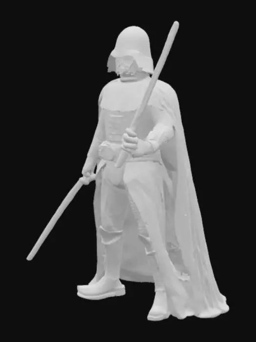 3D model for darth vader, long black cape, carrying a light sabre with a red beam