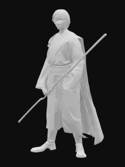 3D model for luke skywalker, black jedi robes, blonde hair, green eyes, carrying a green bladed light sabre
