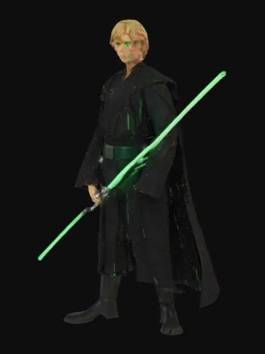 3D model for luke skywalker, black jedi robes, blonde hair, green eyes, carrying a green bladed light sabre

