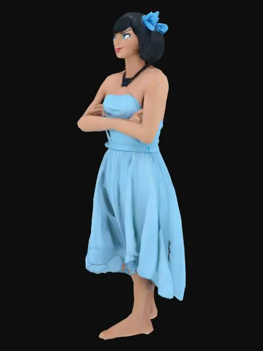 3D model for Betty Rubble, slim figure, short black hair tied up with a blue bow, light blue dress, black necklace.
