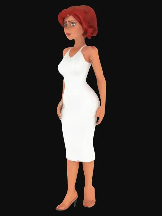 3D model for Wila Flintstone, slim figure, black circular eyes, red hair with curls, white dress, white pearl necklace.
