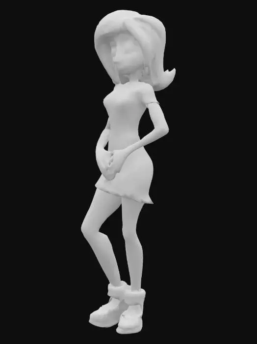 3D model for Daphne from scooby doo, red hair, blue eyes, red lips, purple dress, small blue and green shoes.
