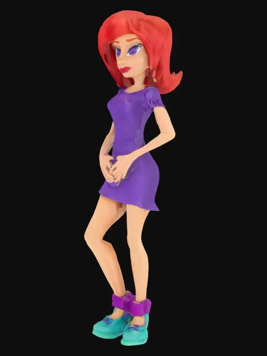 3D model for Daphne from scooby doo, red hair, blue eyes, red lips, purple dress, small blue and green shoes.
