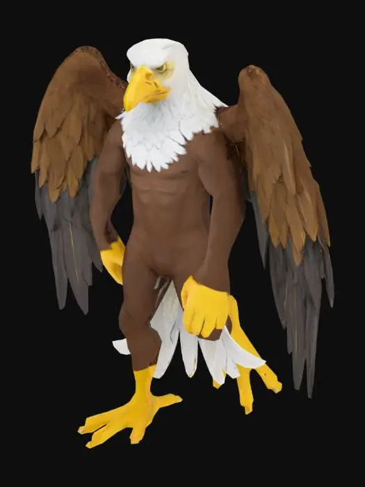 3D model for Man dressed as  an Eagle, white head, yellow beak, big wings with white trim, yellow legs, brown feathers.
