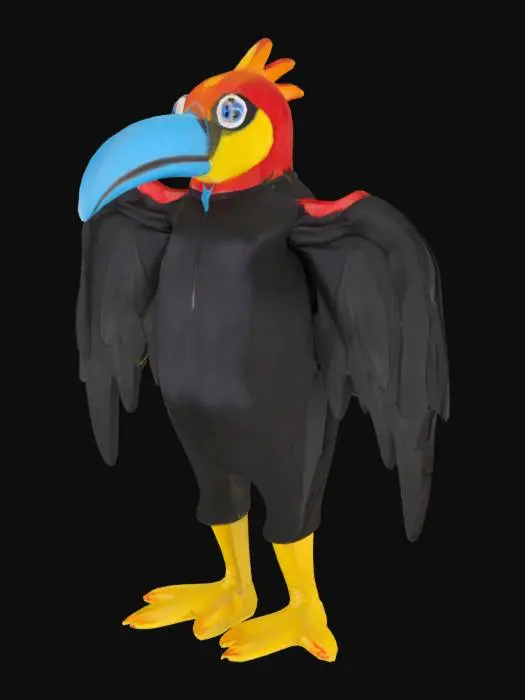 3D model for Man dressed as a Toucan, big black body, black wings, red head, blue beak, yellow legs and feet.
