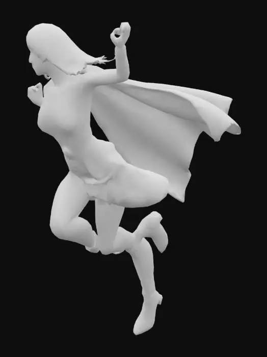 3D model for Supergirl flying, blue costume with short red skirt, red boots, long red cape, blonde hair, blue eyes.
