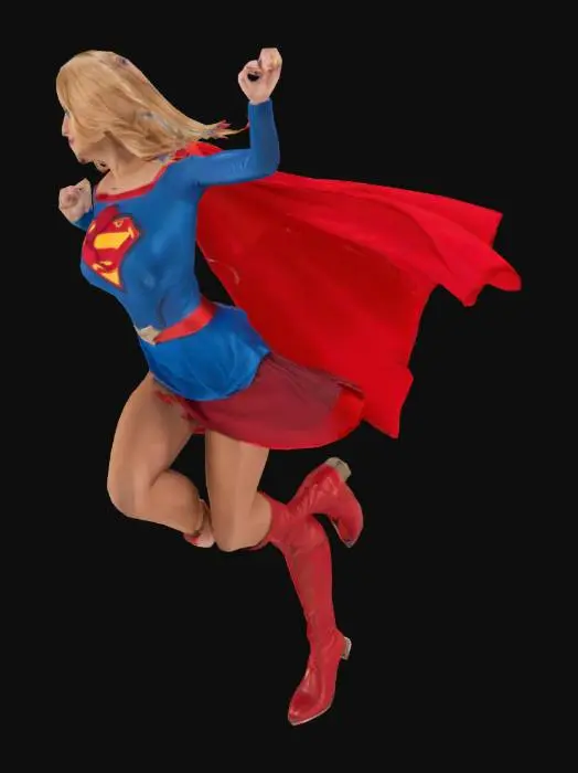 3D model for Supergirl flying, blue costume with short red skirt, red boots, long red cape, blonde hair, blue eyes.
