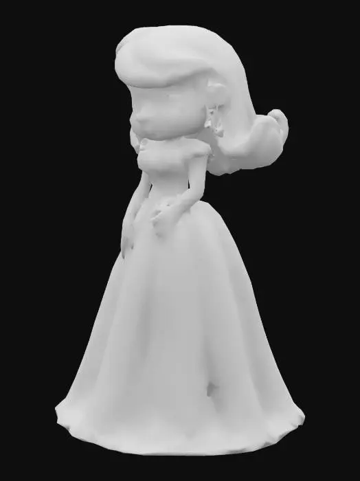 3D model for Betty Rubble in a long blue Ball Gown, long black hair, blue eyes, red kissable lips
