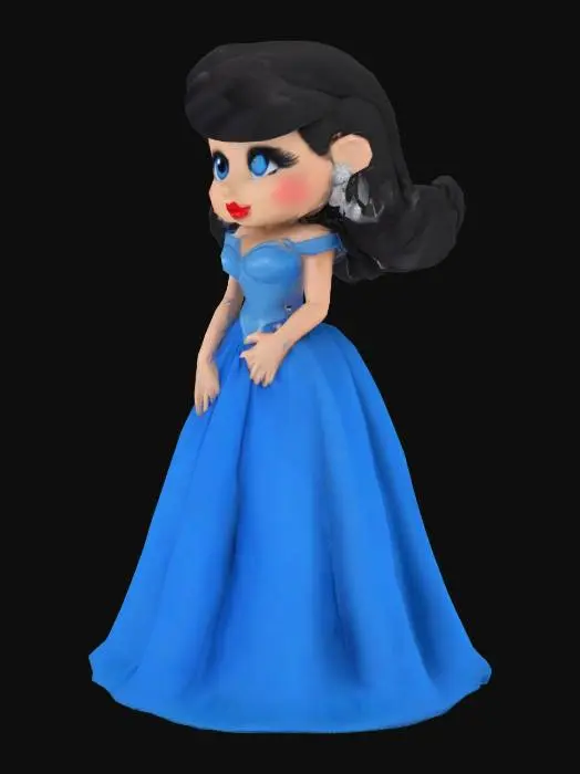 3D model for Betty Rubble in a long blue Ball Gown, long black hair, blue eyes, red kissable lips

