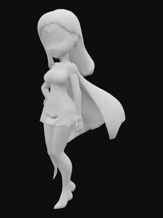 3D model for Cartoon female blob dressed as Supergirl, short red skirt, blonde hair, blue eyes, long red cape, long red boots.
