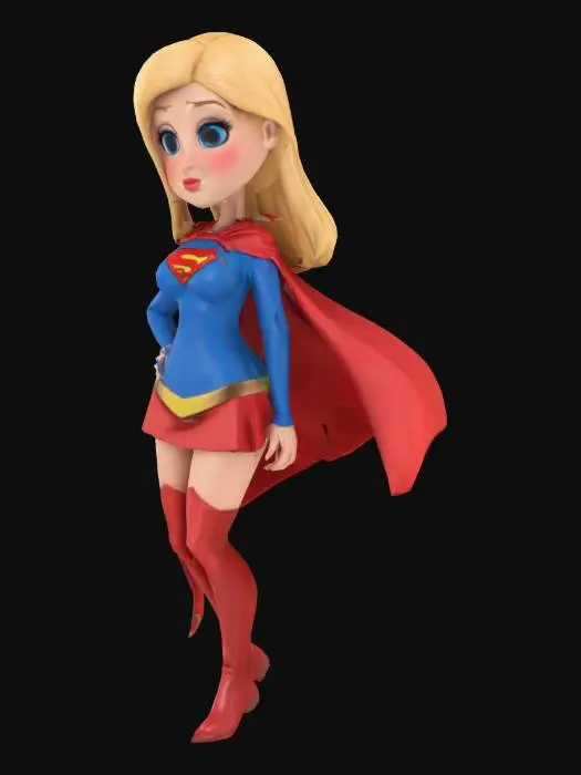 3D model for Cartoon female blob dressed as Supergirl, short red skirt, blonde hair, blue eyes, long red cape, long red boots.
