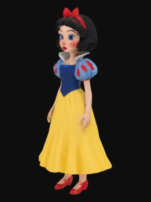 3D model for Disney's snow white, short black hair, blue top with puffy blue and wite sleeves, red lips, blue eyes,long yellow skirt, red and white shoes.