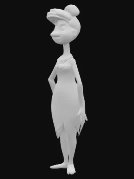 3D model for Wilma Fintstone in a short white pointed cave dress, red hair in a bun, round black eyes, red lips, slim figure.
