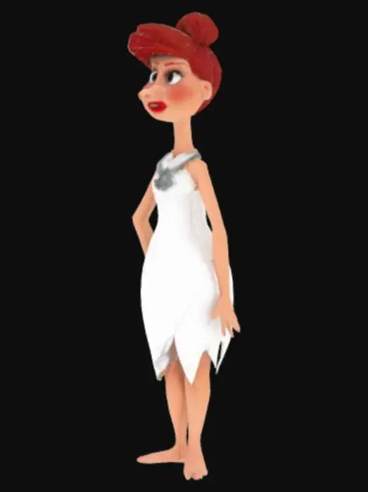 3D model for Wilma Fintstone in a short white pointed cave dress, red hair in a bun, round black eyes, red lips, slim figure.
