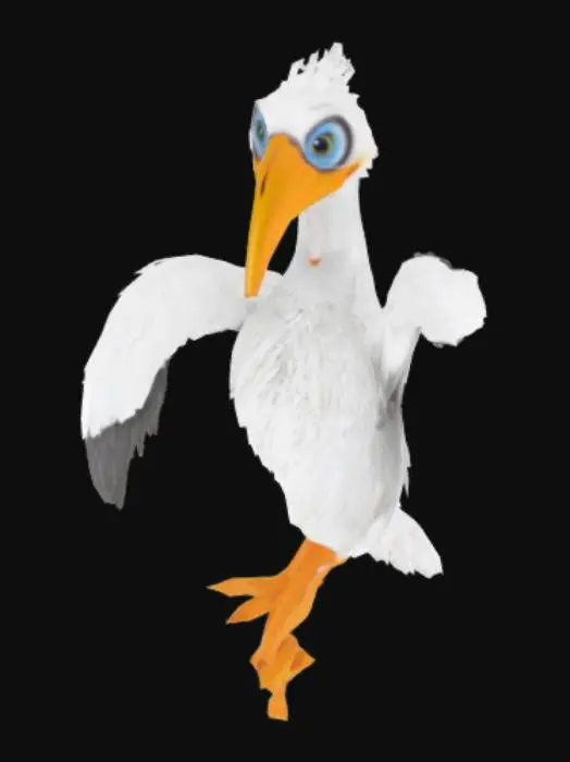 3D model for Woman dressed as a beautiful Pelican, big white feathered body, white head with blue eyes, yellow beak, big massive white wings with black trim, orange legs, white tail feathers

