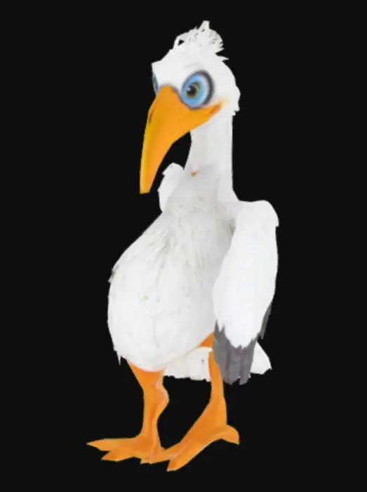 3D model for Woman dressed as a beautiful Pelican, big white feathered body, white head with blue eyes, yellow beak, big massive white wings with black trim, orange legs, white tail feathers
