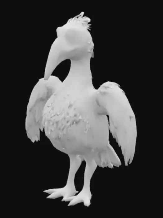 3D model for Woman dressed as a beautiful Pelican, big white feathered body, white head with blue eyes, yellow beak, big massive white wings with black trim, orange legs, white tail feathers
