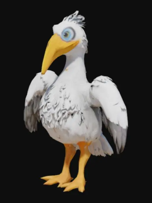 3D model for Woman dressed as a beautiful Pelican, big white feathered body, white head with blue eyes, yellow beak, big massive white wings with black trim, orange legs, white tail feathers
