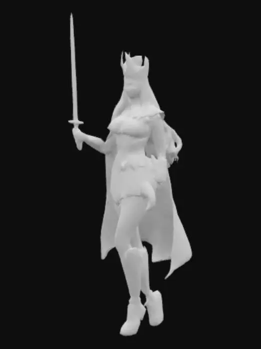 3D model for She Ra, short white dress, Gold Tiara, long blonde hair, blue eyes, red cape, long red boots, carrying a power sword in left hand