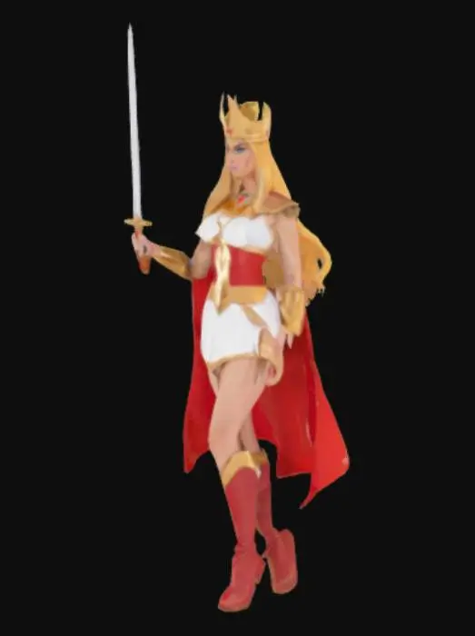 3D model for She Ra, short white dress, Gold Tiara, long blonde hair, blue eyes, red cape, long red boots, carrying a power sword in left hand