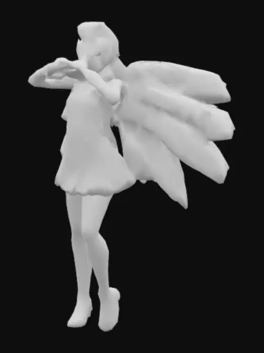 3D model for Jun from Science Team Gatchaman, short pink dress, long white cape stretched out like wings, white helmet with a yellow swan like beak.

