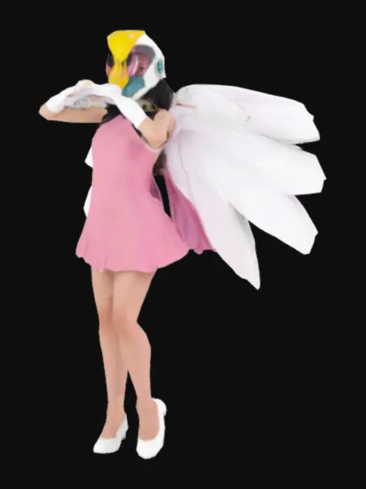 3D model for Jun from Science Team Gatchaman, short pink dress, long white cape stretched out like wings, white helmet with a yellow swan like beak.
