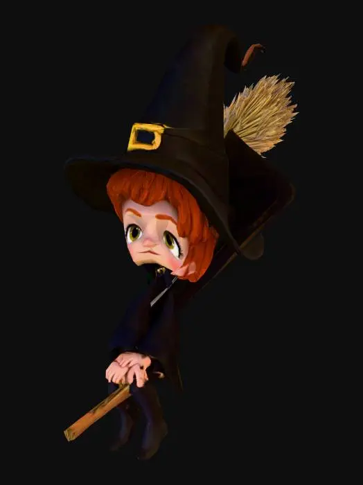 3D model for Small cartoon witch, black cape, tall witch's hat, short red hair, sat on a long broomstick