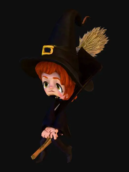 3D model for Small cartoon witch, black cape, tall witch's hat, short red hair, sat on a long broomstick