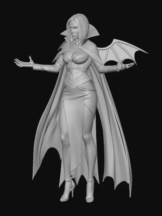 3D model for Woman dressed as a vampire, big fangs draped in blood, massive black cape stretched out like wings