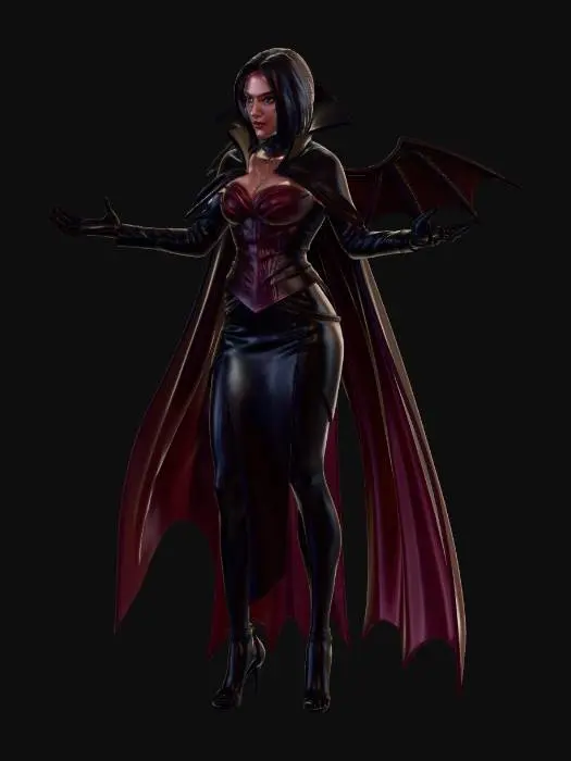 3D model for Woman dressed as a vampire, big fangs draped in blood, massive black cape stretched out like wings