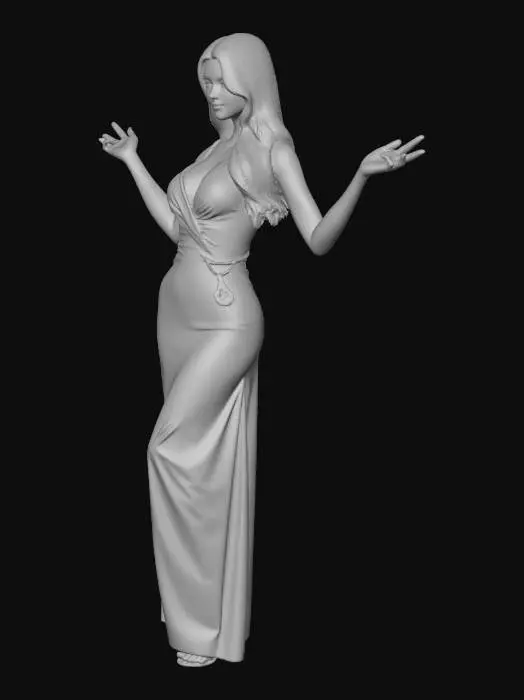 3D model for Woman dressed in a long black dress, big red kissable lips, long red hair, baby blue eyes.