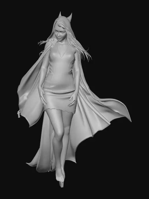 3D model for Beautiful female vampire with large black cape, short dress, cape stretched out,