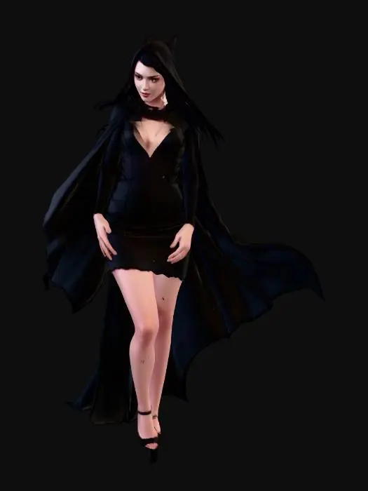 3D model for Beautiful female vampire with large black cape, short dress, cape stretched out,