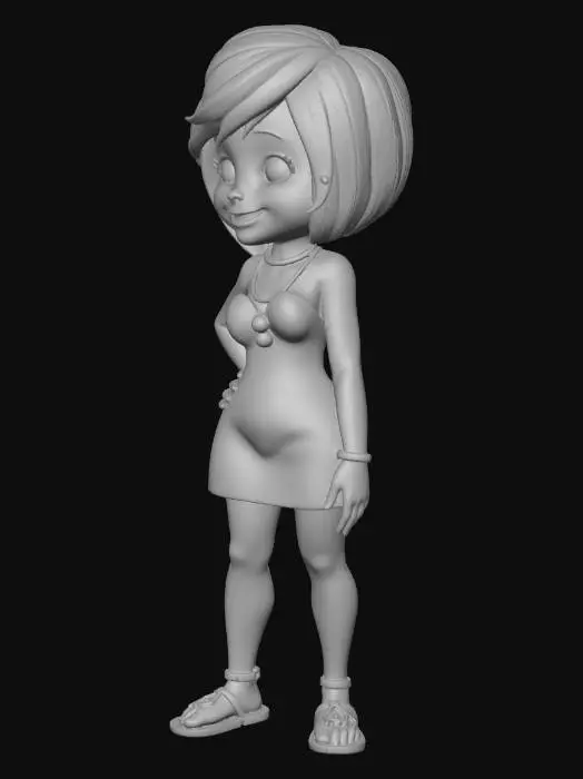 3D model for Betty Rubble from the Flintstones, black hair, short light blue cave dress, black necklace