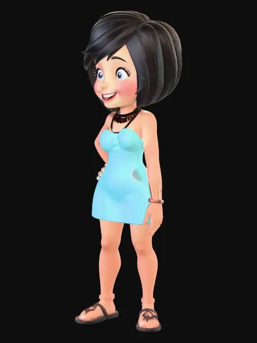 3D model for Betty Rubble from the Flintstones, black hair, short light blue cave dress, black necklace